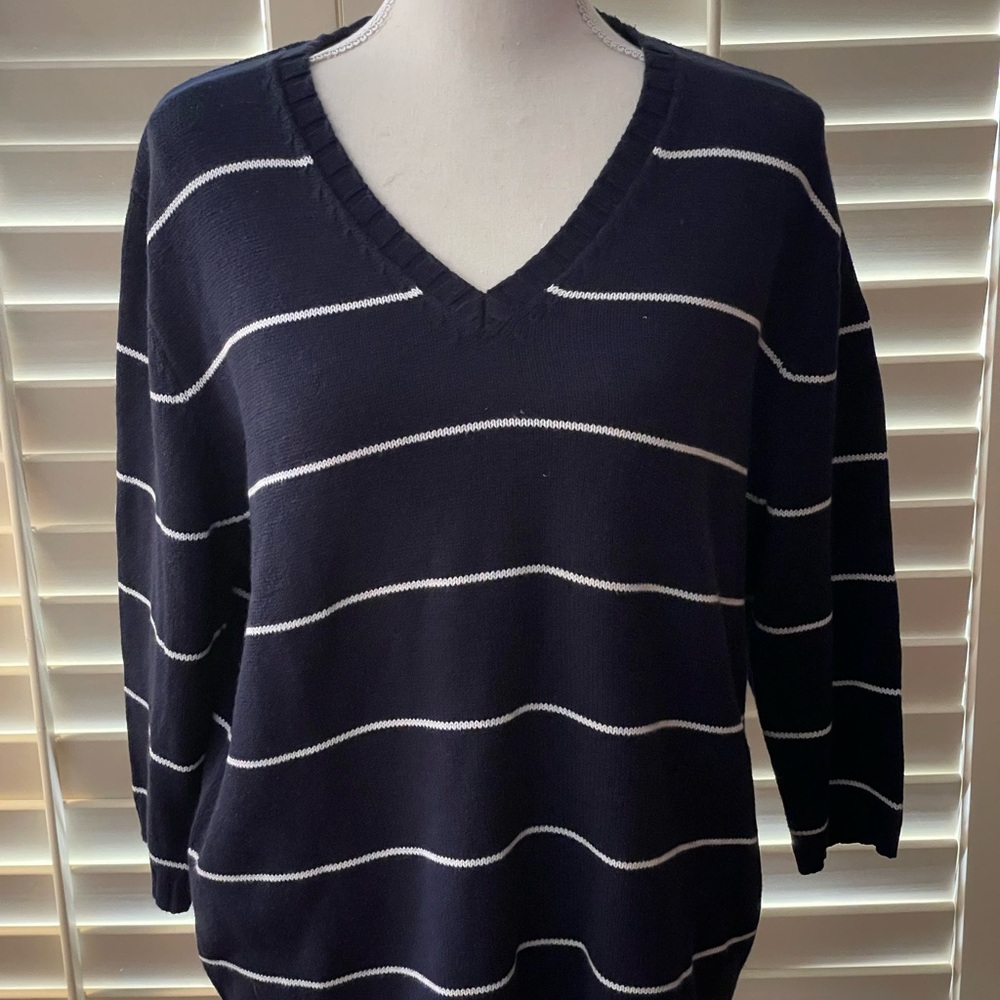 White Stag Vintage sweater Navy Blue White stripes ribbed cotton V Neck size LG - Picture 6 of 13